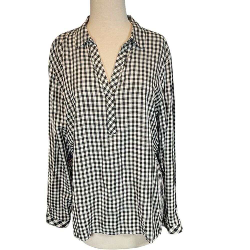 J. Jill Womens Black White Buffalo Check Spring Popover Blouse Large Long Sleeve